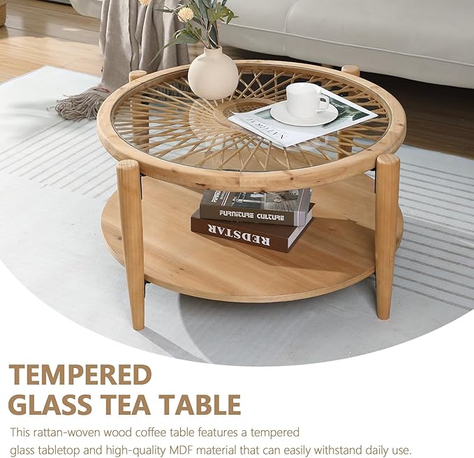 RUSTOWN Rattan Coffee Tables, 2-Tier Round Boho Cocktail Tables, Mid Century