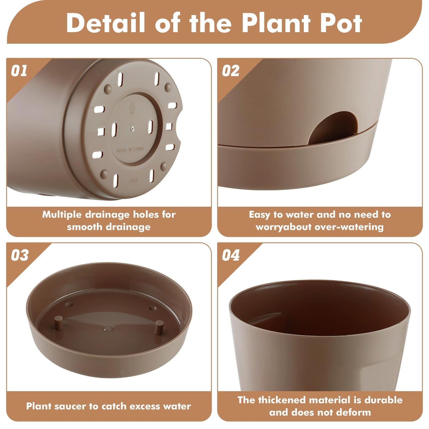 KvyusFlourish 5 Pack 4/5/6/7/8 Inch Plant Pots with Drainage Holes and Saucers Plastic Flower Pots for Indoor Plants Garden Planters Modern Houseplant Pots, Chocolate, Mixed Set