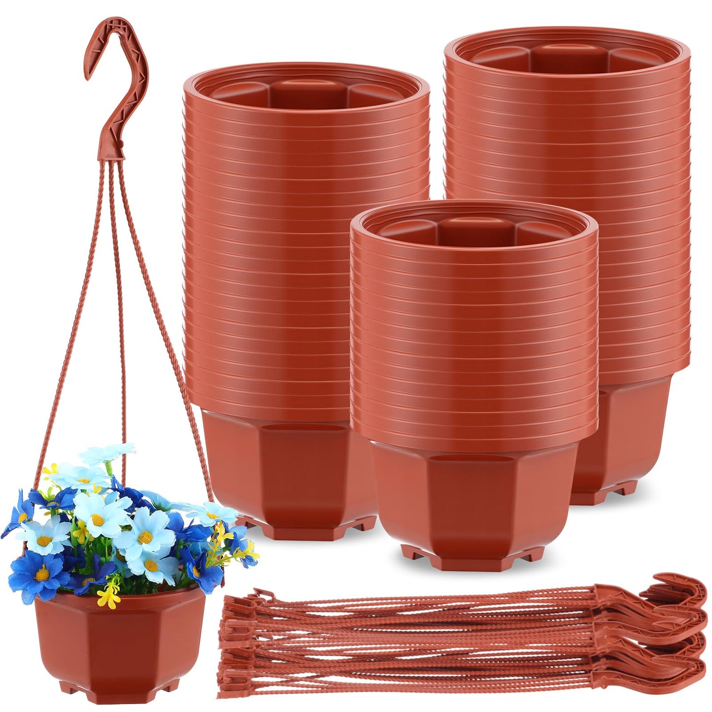 Roshtia 50 Pcs 5.1 inch Plastic Hanging Plant Pots with Hooks Flower Pots Baskets Outdoor Hanging Nursery Planter Holder for Home Garden Balcony Porch(Brown, 5.1 inch)
