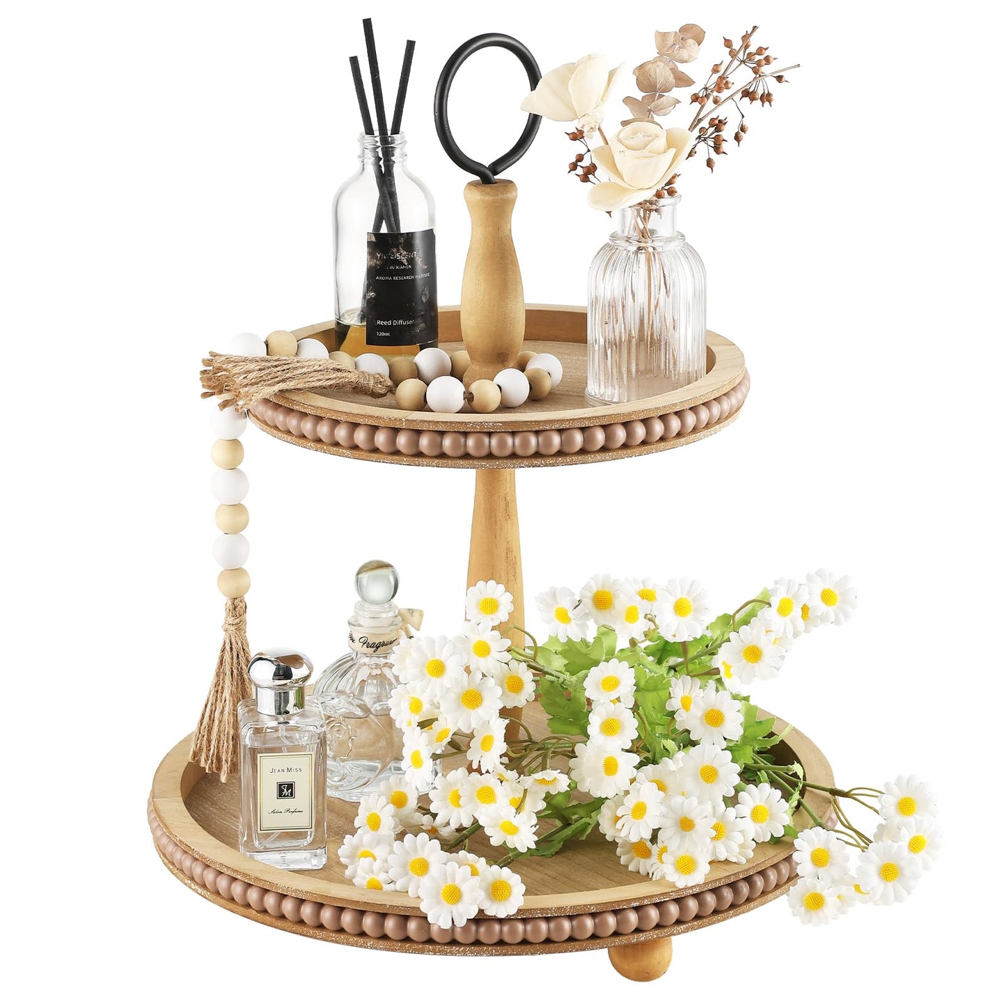 Beaded Tiered Tray Stand, Rustic Wooden 2 Tier Decorative Tray with Bead Garland, Farmhouse Round Wood Serving Tray Counter Centerpiece for Coffee Bar Home Decor Holiday Housewarming Gifts (Brown)