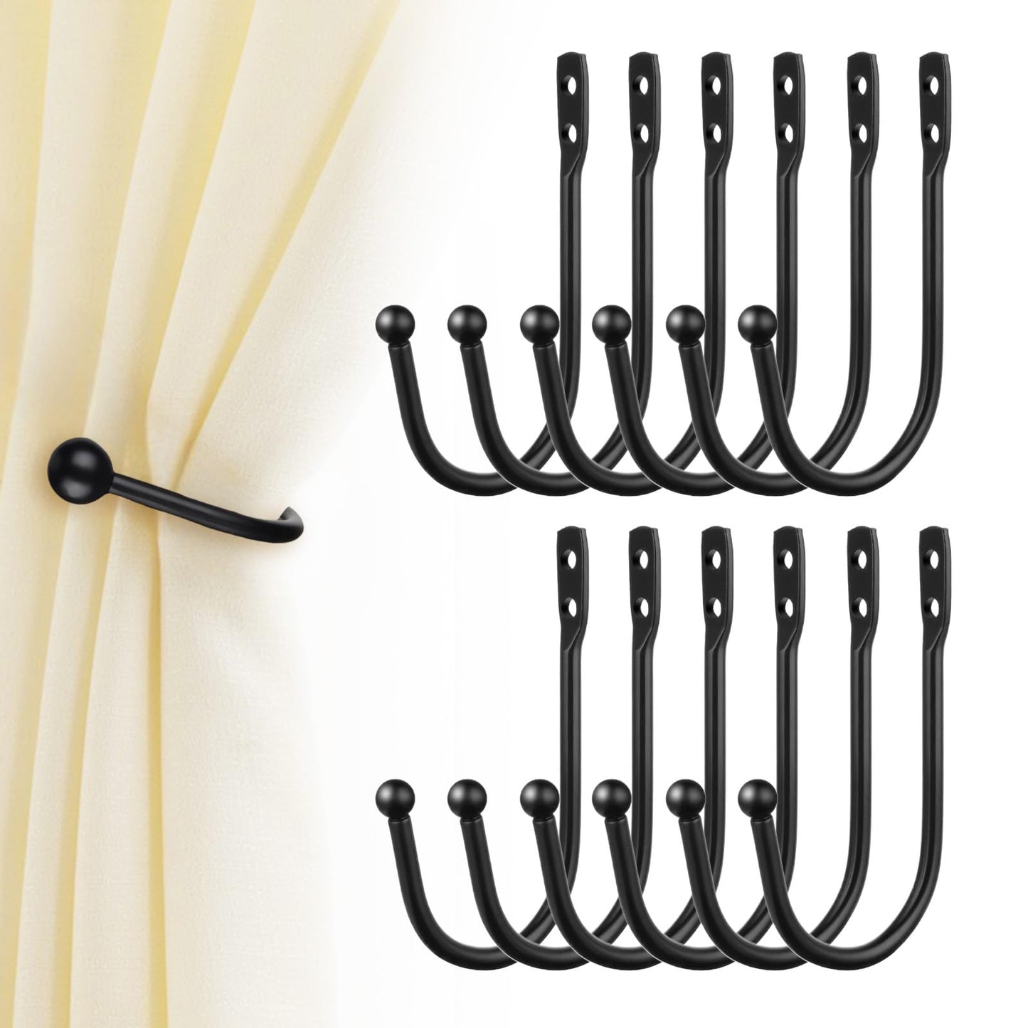 Gaahkai 12PCS Curtain Tie Back Hooks, Metal Curtain Holdbacks Side Tiebacks Wall Mounted with Screws, Black