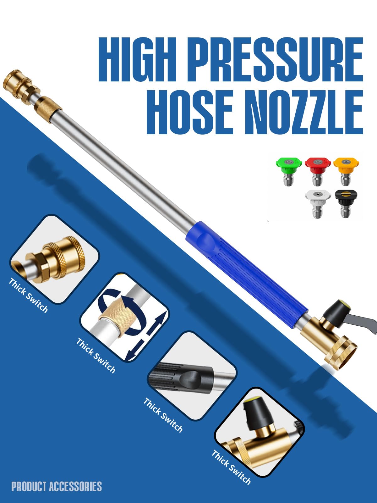 Upgraded Jet Nozzle Power Washer Wand Hose Nozzle, Adjustable Hydro Nozzle Wands 18-33", Jet High Pressure Garden Hose Sprayer with 5 Different Nozzles for Gutter, Garden, Patio, Floor & Car, Blue