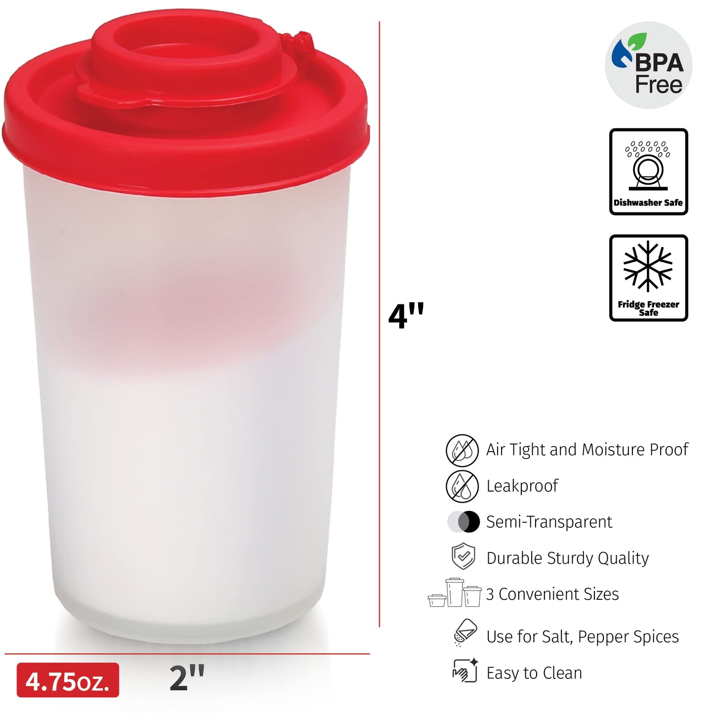 SIGNORAWARE Salt and Pepper Shakers Moisture Proof Set of 2 Large Salt Shaker to go Camping Picnic Outdoors Kitchen Lunch Boxes Travel Spice Set Clear with Red Covers Lids Plastic Airtight Dispenser