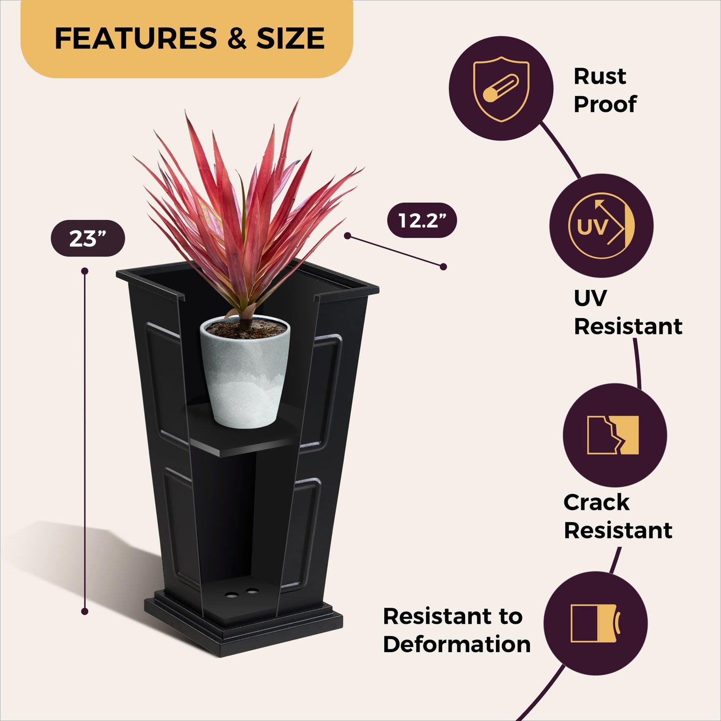 23" Tall Metallic Planter for Outdoor Plants Set of 2, Tapered Steel Flower Pot with Removable Middle Partition Drainage Holes, Large Metal Planters for Front Porch, Garden, Patio, Balcony, Black