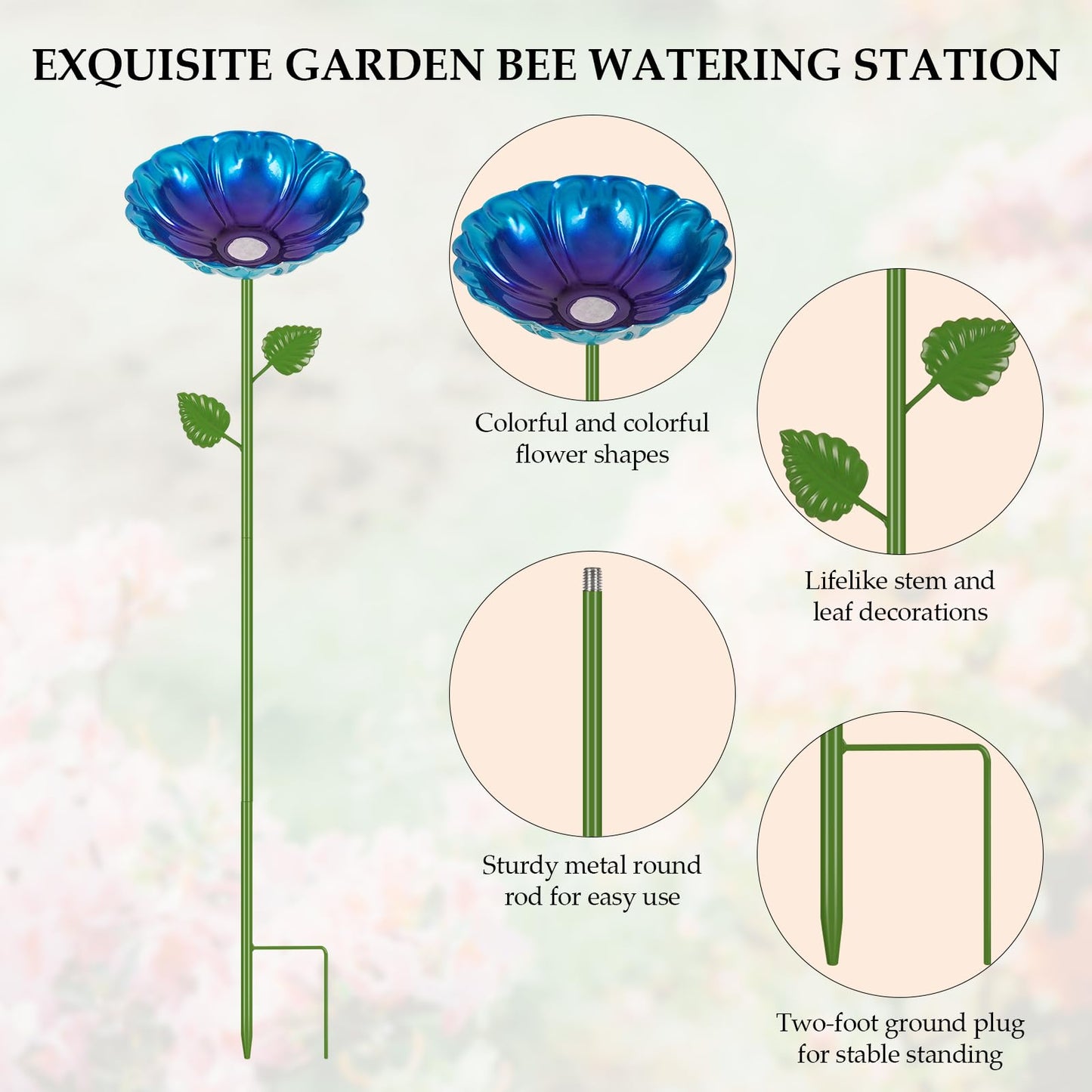 Retyion Bee Watering Station | 2 Pack Bee Baths for Garden | Metal Flowers Decorative Garden Stakes | Butterfly Feeder for Outside Garden Yard Decor (Blue,Yellow)