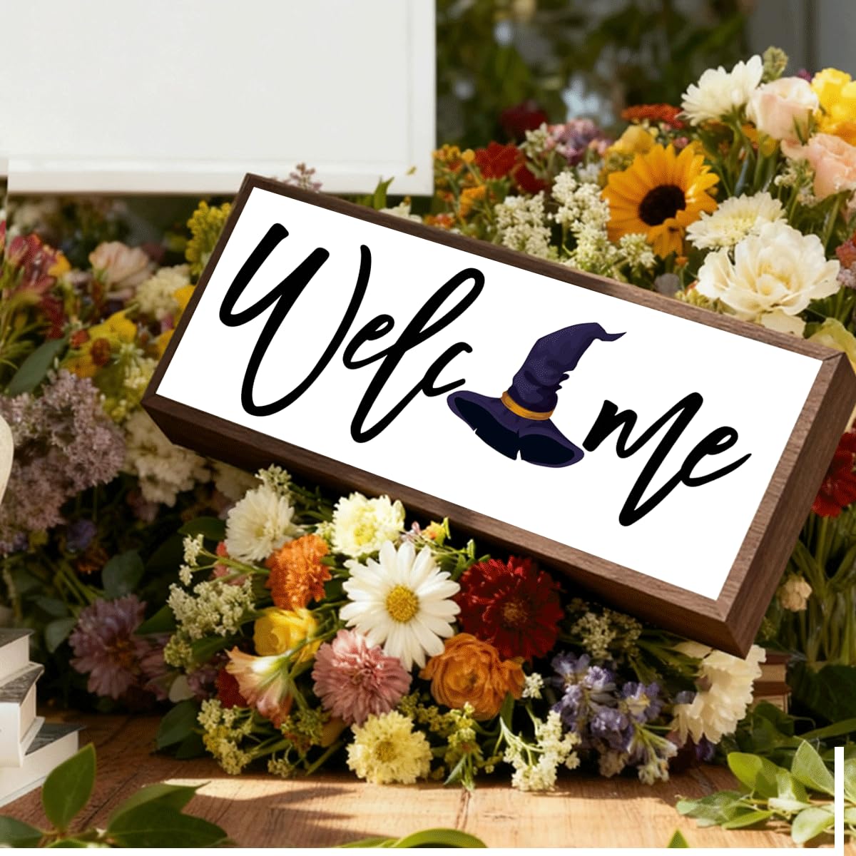 Welcome Wood Home Decor Signs, Welcome Witches Hat Wood Plaque, Home Tabletop Desk Decorative Sign, Halloween Sign, Hanging Decorative Wooden Plaque 9.5x3.1 Inches(A30)