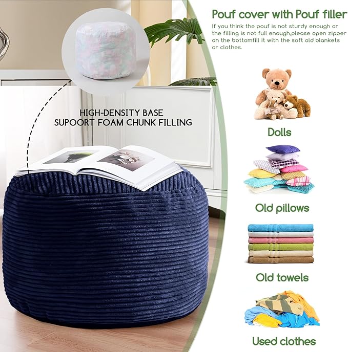 HIGOGOGO Round Stuffed Pouf Ottoman, Corduroy Poufs