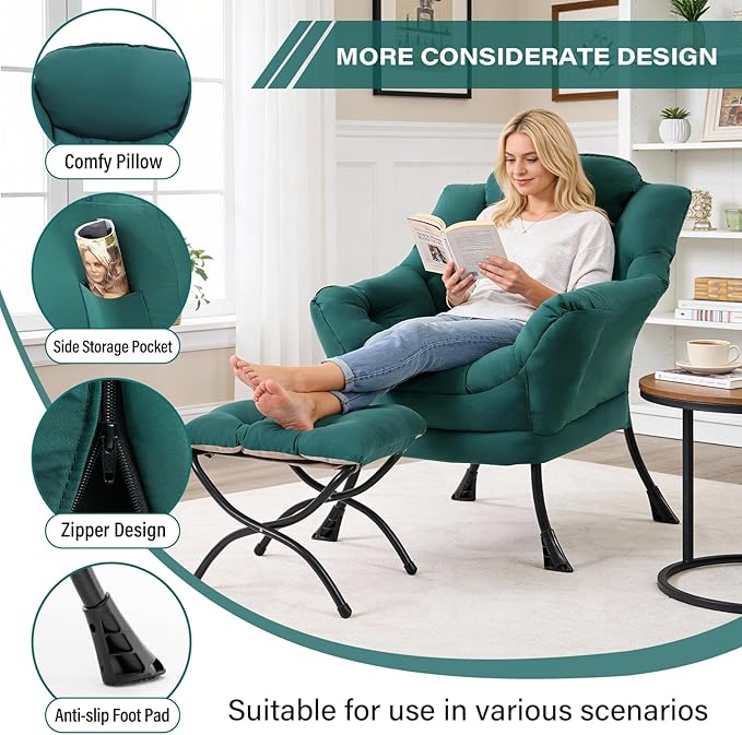MBOOYOME Lazy Chair with Folding Ottoman, Modern Accent Armchair with Armrests