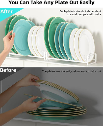 Plate Organizer for Cabinet (2-Pack),Kitchen Dish Rack Organizer for Cabinet Countertop Drawer Space Saver，8 Slots Vertical Plate Holder Storage Rack, Housewarming Kitchen Gifts for Women (White)