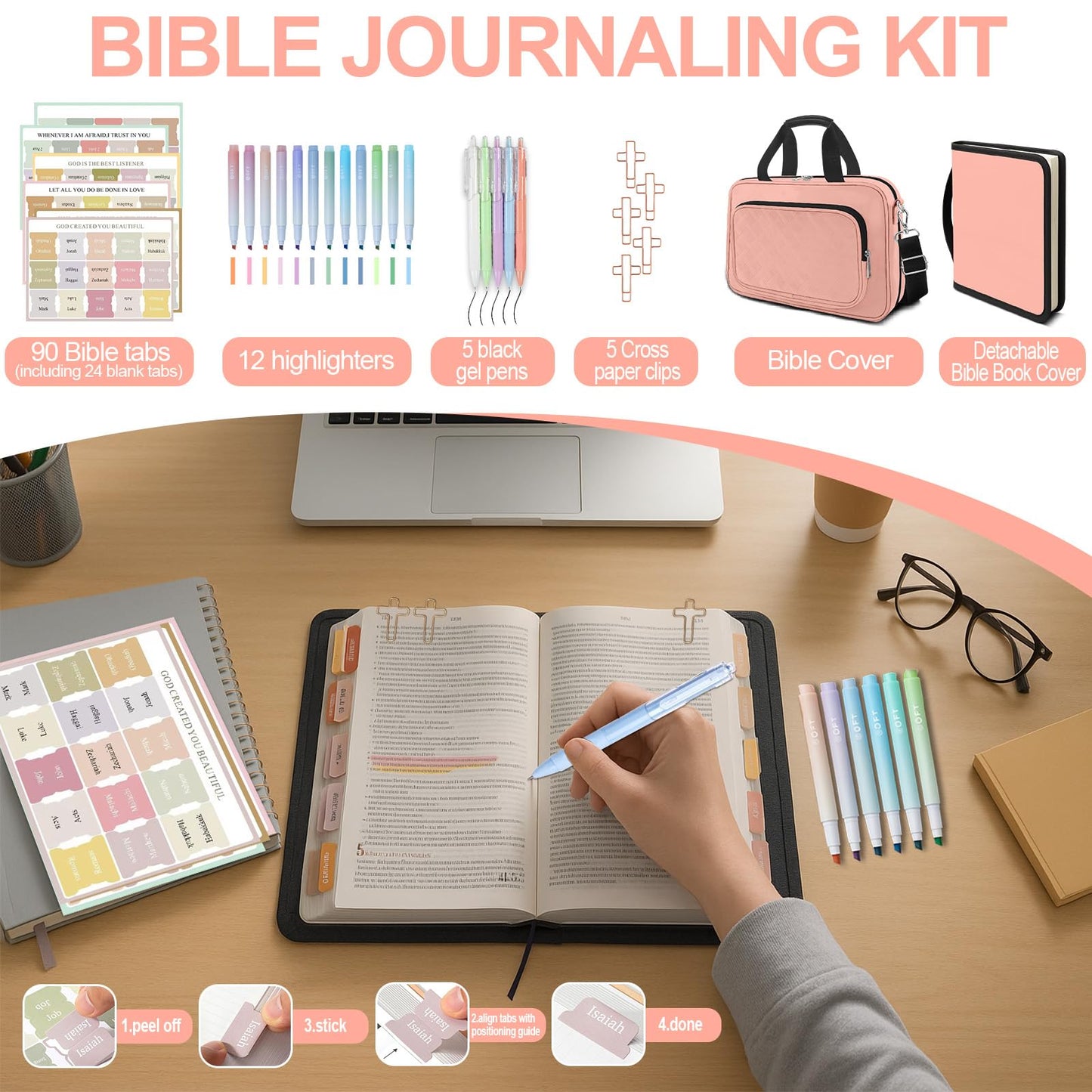 IBOVODI Pink Large Bible Cover Case for Women, Bible Study Supplies Bible Journaling Kit Book Carrying Case Church Bag with Shoulder Strap Handle Zipper Pocket, Christian Gifts