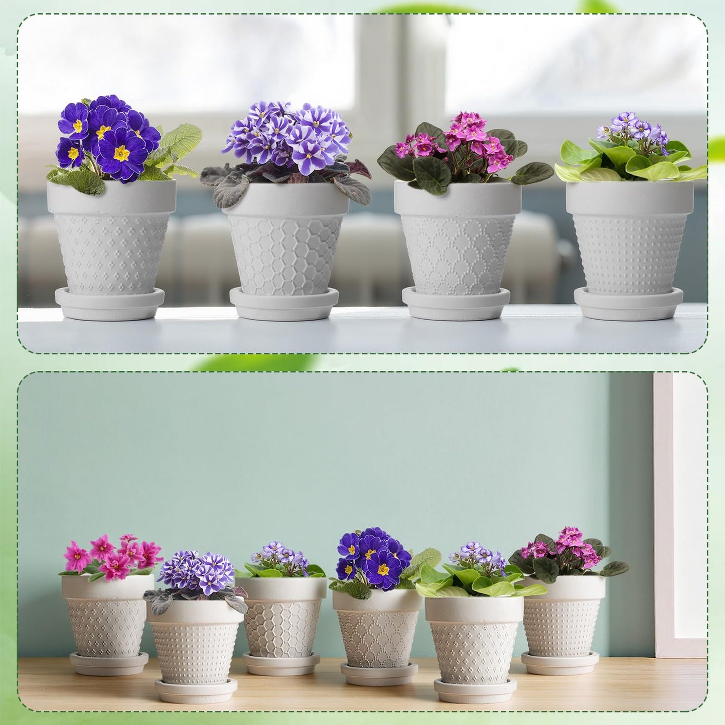 Meanplan 12 Pcs 3 Inch DIY Ceramic African Violet Pots with Saucer Unpainted Ceramic Paintable Flowerpots Small Embossed Flower Pots for Garden Windowsill Indoor Outdoor Wedding Favors Gifts