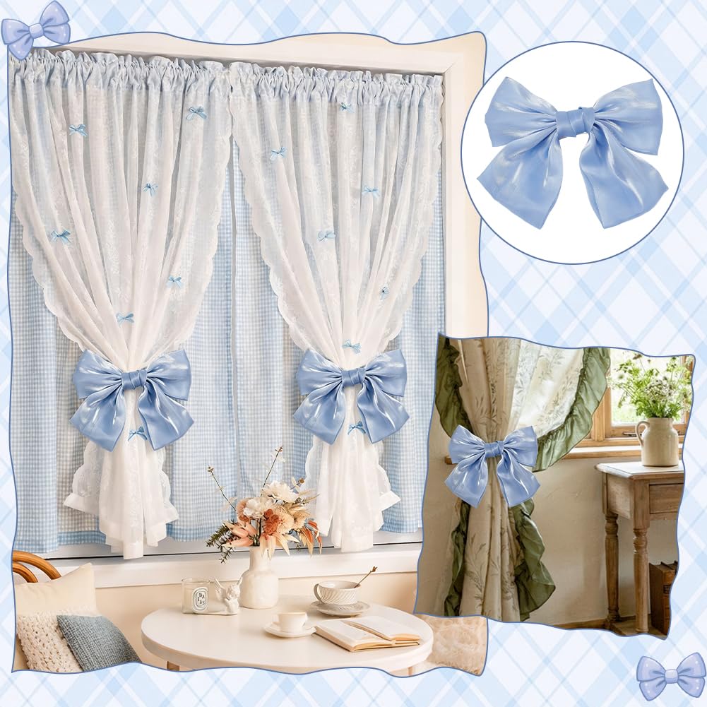 EVERJOYCRAFT 2pcs Bow Curtain Tiebacks Clip French Silky Curtain Holdbacks Elegant Lace Ribbon Tie Backs Drapery Clip for Home Bedroom Offices Dining Rooms Wedding Party Decoration (Blue)