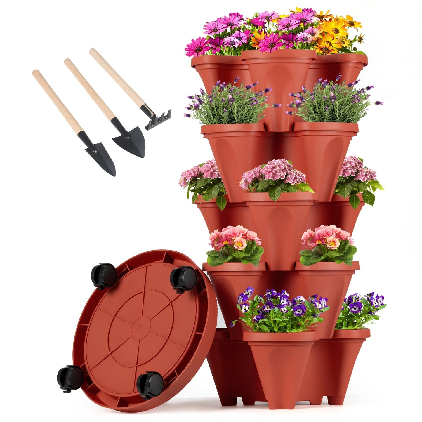 GameXcel Vertical Planter Tower - 5 Tier Stackable Garden Planters with Wheels and Tools Plant Pots for Strawberry Herb Flower and Vegetable Indoor Outdoor Use Red