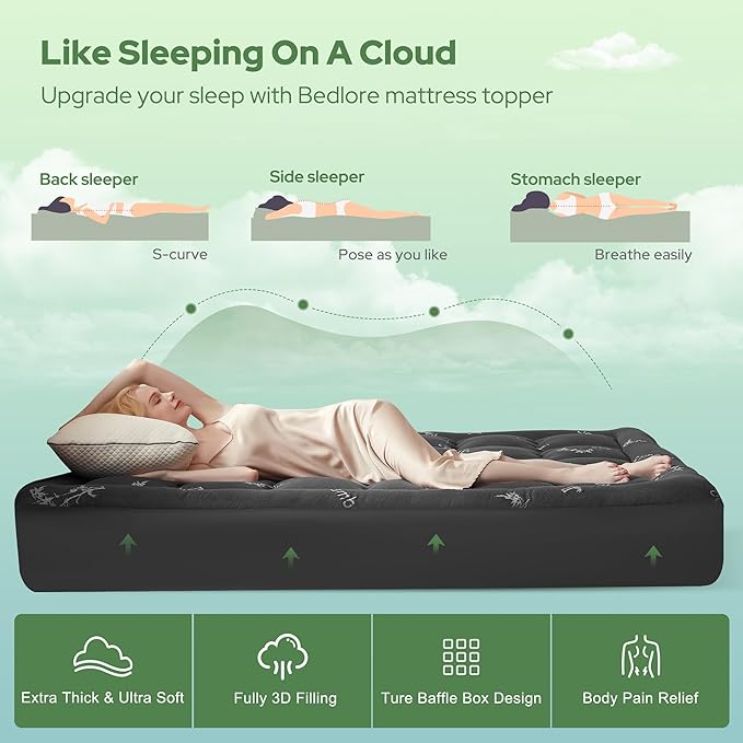 BEDLORE Full Size Mattress Topper Viscose Derived from Bamboo, Thick Pillow Top