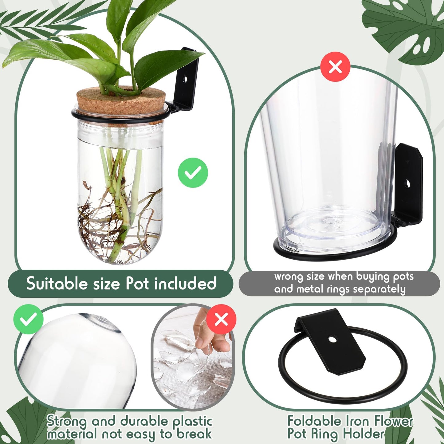 Baderke 6 Set Wall Plant Holder with Plastic Propagation Vases Hanging Planter Wall Mounted Set for Plants Growing in Water Hydroponic Artificial Plants Indoor Decor (2.48" X 4.72",Test Tube)