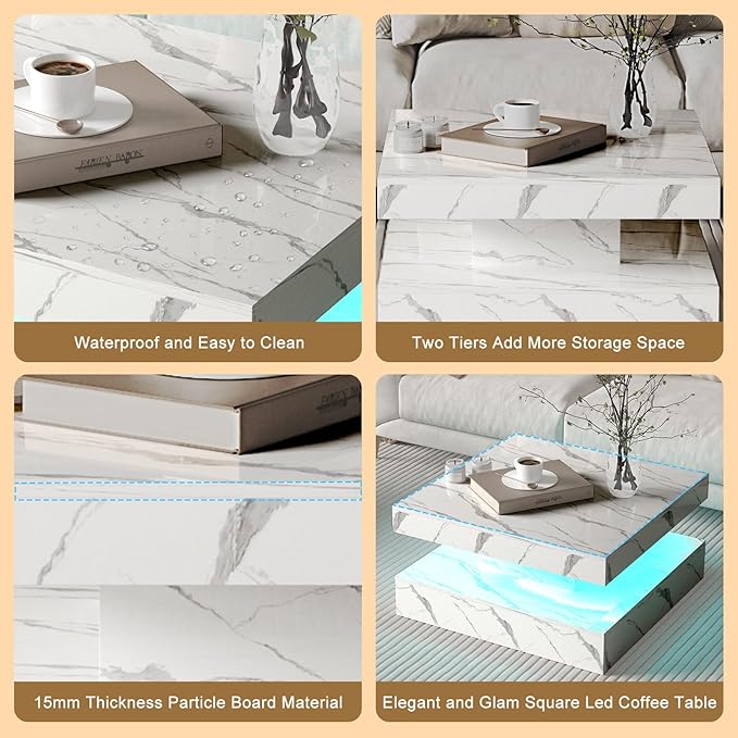 HedoAjim White Marble LED Coffee Table