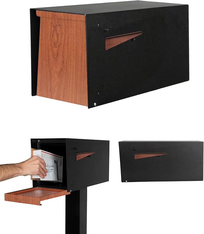 Ilyapa Modern Mailbox for Post Mount - Black Powder Coated Metal Mailbox with Cherry Wood Door - Waterproof for Parcels, Recessed Magnetic Close Door