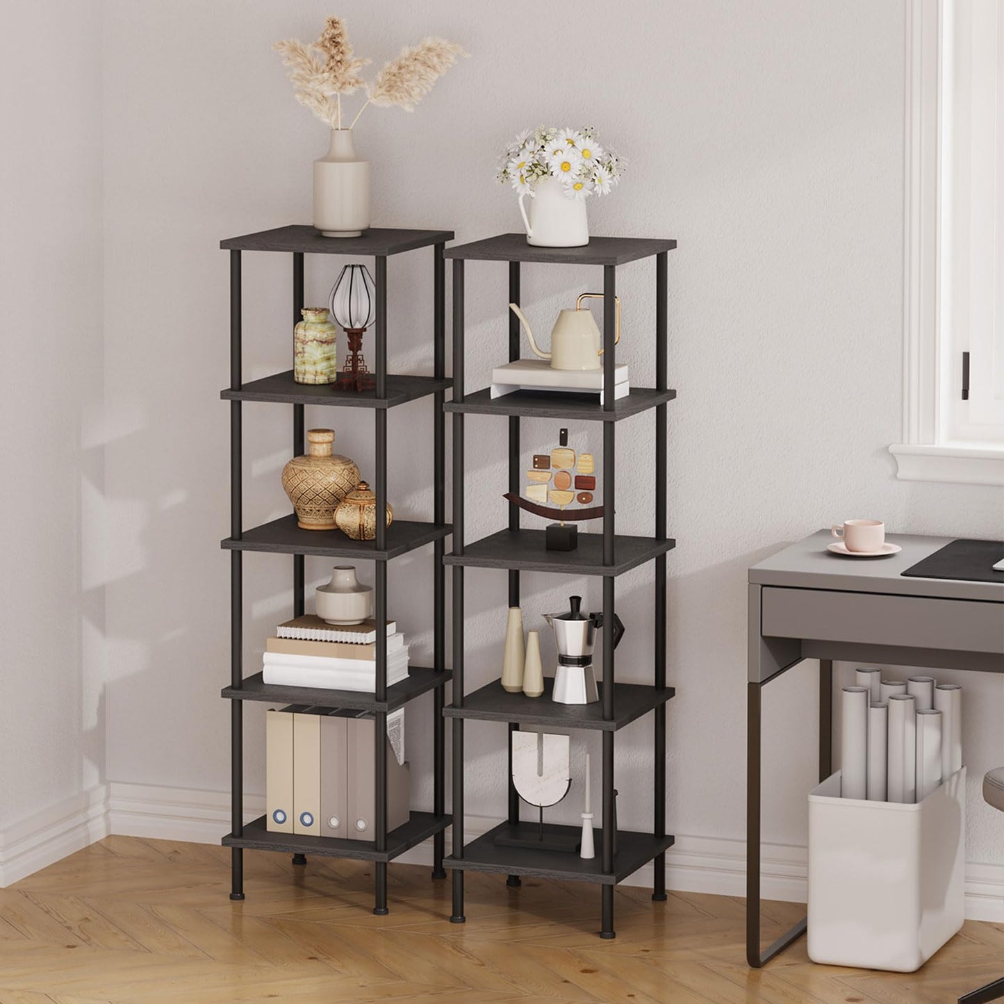 HOOBRO 5-Tier Corner Shelf Stand, Corner Square Rack Display Shelf, Tall Storage Rack Plant Stand, Corner Bookcase for Small Spaces, Living Room, Home Office, Kitchen, Black BK50CJ01