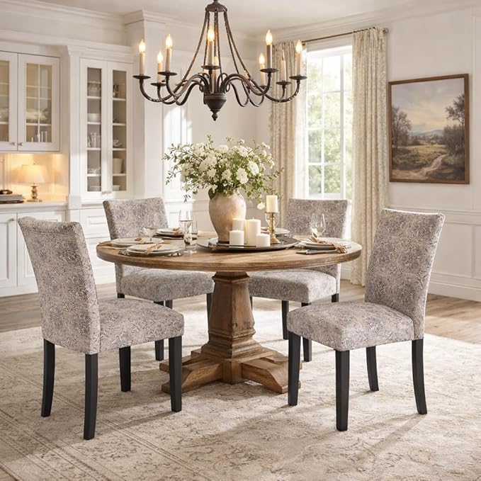 HomePop Classic Parsons Dining Chair -Gray Linen Artistic Floral Print