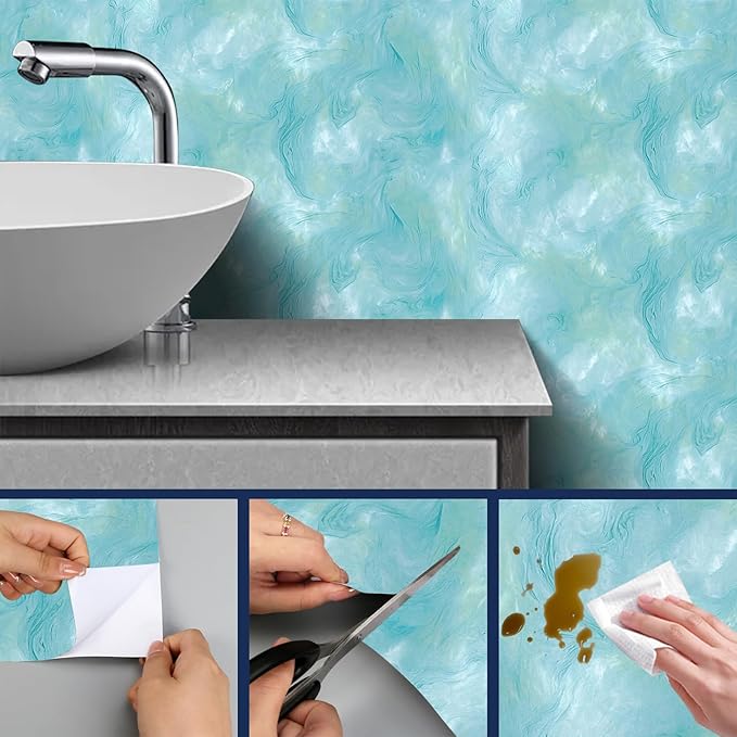 HOMETITUTE Blue Marble Wallpaper Peel and Stick Ocean Style 118.1x17.7 Inches