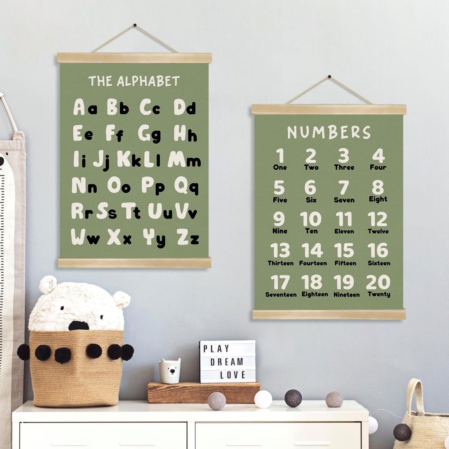 Alphabet and Numbers Chart Poster Set of 2, Alphabet Numbers Wall Art 14x18.5inch,ABC Banner Posters, Banner Wall Hanging Decor for Toddler Room Playroom Nursery Wall Classroom Decor (Olive Green ABC&123)