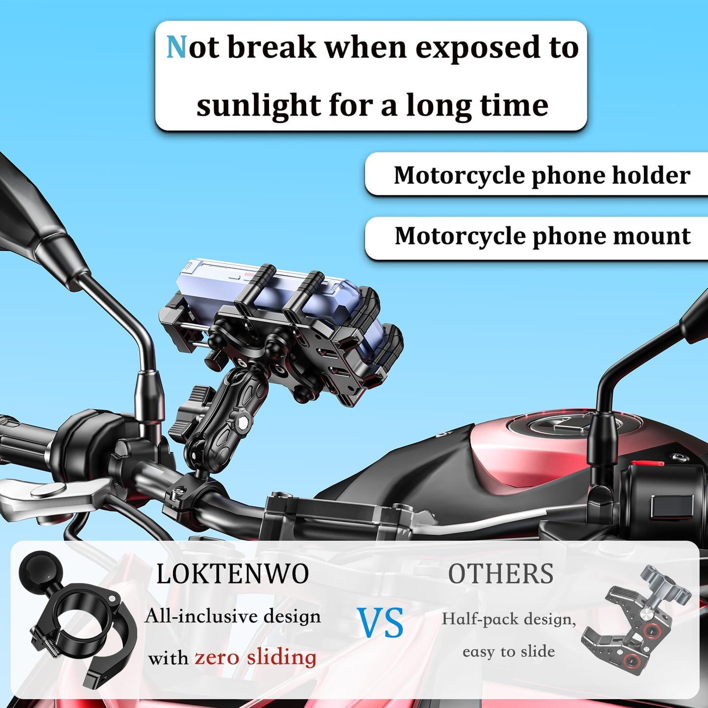 LOKTENWO Motorcycle Phone Mount with Vibration Dampener & Secure Lock, [Size Adjustable] [Larger & Thicker Phones Friendly ] Handlebar Cellphone Holder for ATV Scooter for 5.7''-8.5'' Smartphone