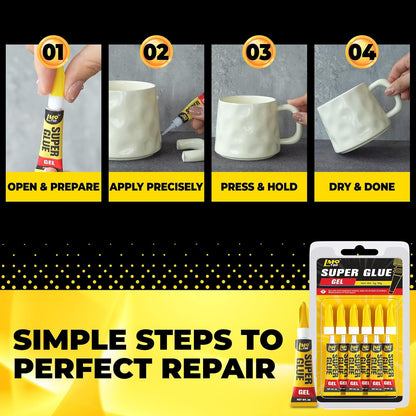Super Glue Gel 6x3g CA Glue, Clear Cyanoacrylate Adhesive Single Use for Shoe Sole Repair Ceramic Plastic Model Metal Wood Aquarium Leather Pottery Glass, Food Safe Strong and Instant Bonding