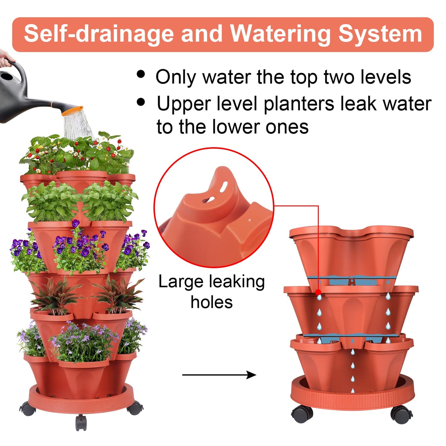 GameXcel Vertical Planter Tower - 5 Tier Stackable Garden Planters with Wheels and Tools Plant Pots for Strawberry Herb Flower and Vegetable Indoor Outdoor Use Red