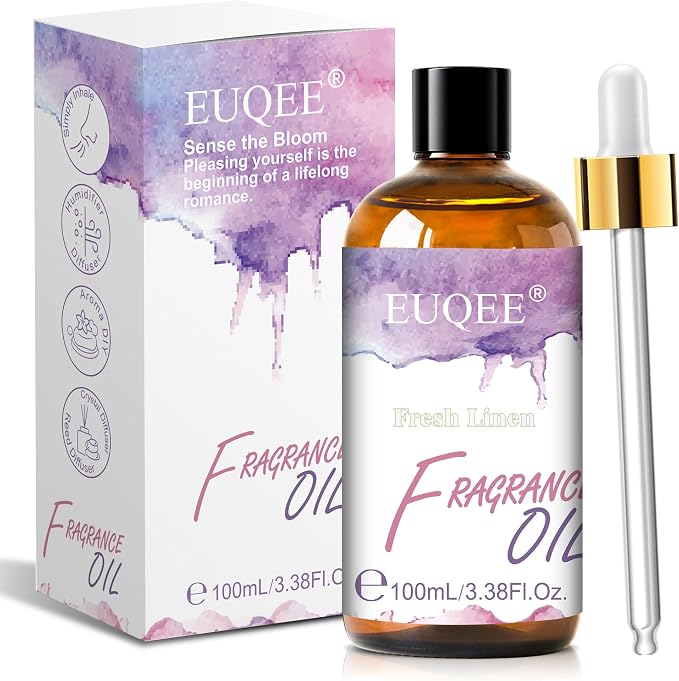 EUQEE Fresh Linen Fragrance Oil with Glass Dropper, 3.38 Fl oz/ 100ml Essential Oils for Diffuser, Candle Making, DIY Soap, Room Spray Making, Laundry Fragrance, Scented Dryer Balls