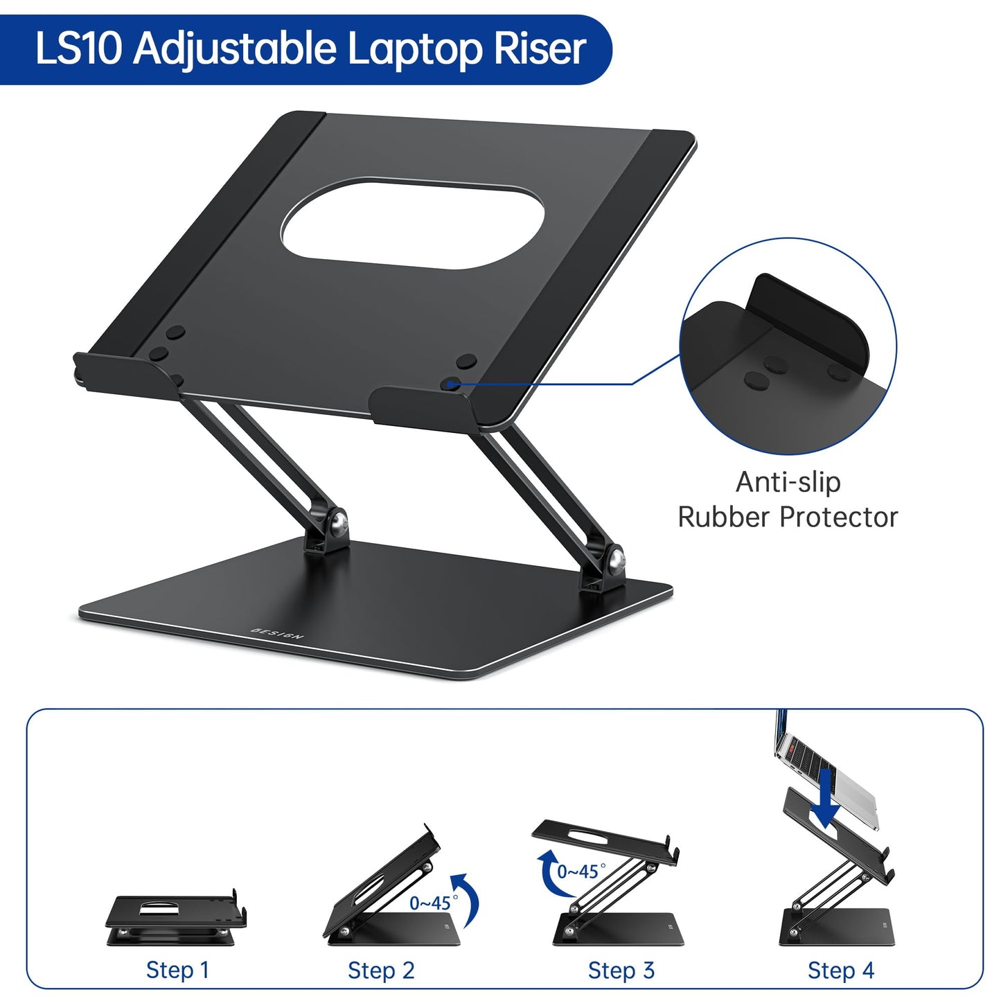 BESIGN LS10 Aluminum Laptop Stand, Ergonomic Adjustable Notebook Tablet Stand, Computer Holder Compatible with Air, Pro, Dell, HP, Lenovo More 10-14" Laptops, Black