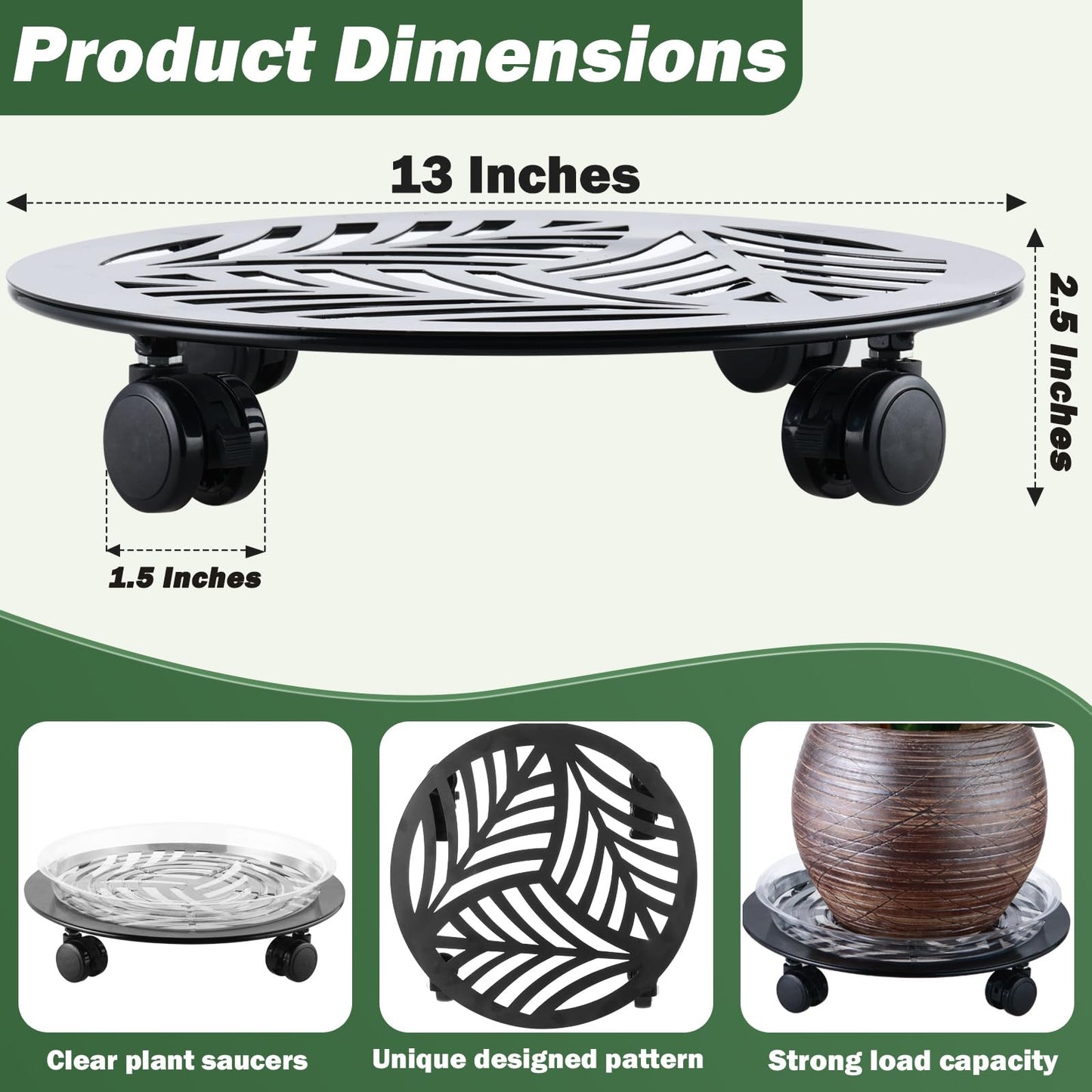 3 Packs 13 inches Large Metal Plant Caddy with PU Wheels Heav-duty Rolling Plant Stands Indoor Outdoor Wheeled Plant Dolly Coasters Flower Pot Mover Rollers Plant Trolley Cart, Plant Saucers Included