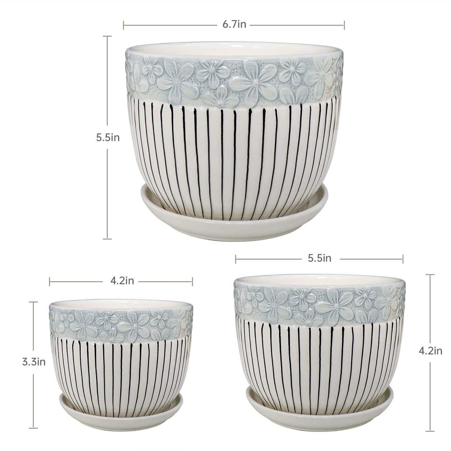 Ton Sin Grey Flower Pots, Texture Planter for Indoor Plants Set of 3 Ceramic Flower Pots with Saucer, Cute Garden Pots Succulent Pots, 6.75/5.6/4.2 Inch, Indoor Outdoor Home Garden Decor