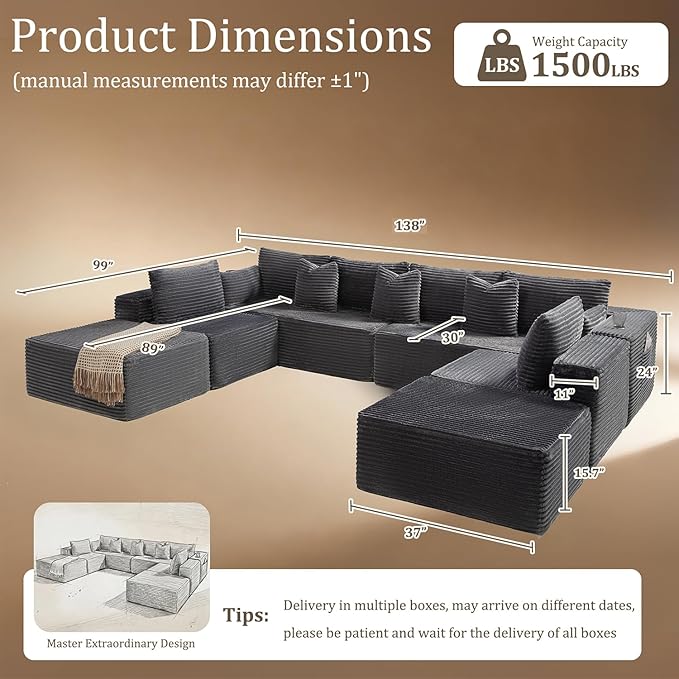 138" Cloud Sectional Couch, Comfort U Shaped Sofa