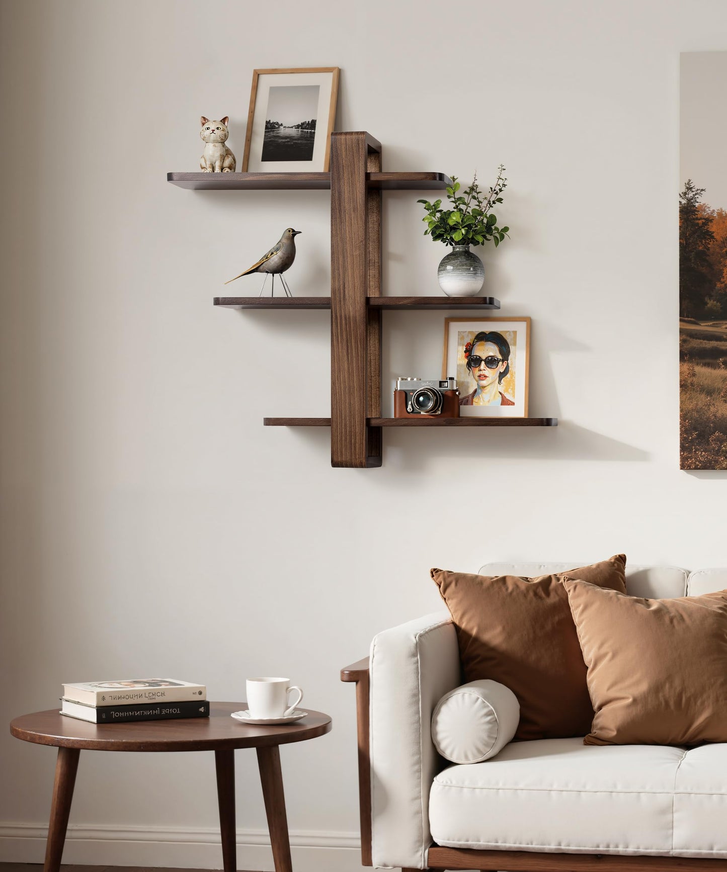 SUMGAR Floating Shelves for Wall Walnut Mounted Shelf Unit for Living Room Bedroom Bathroom Mid Century Modern Decorative Storage Plant Photo Display Home Decor 3 Tier Large 20in All Pine