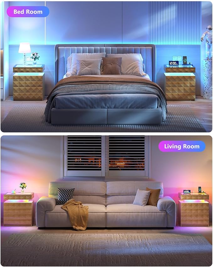 HWB Nightstand with RGB Lights, 3 Drawers Night Stand with Hidden Storage