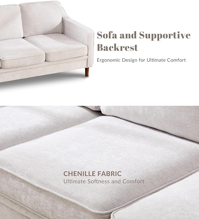 Kingfun 80" Chenille Sofa, 3 Seater Couch, Mid Century Modern Couches