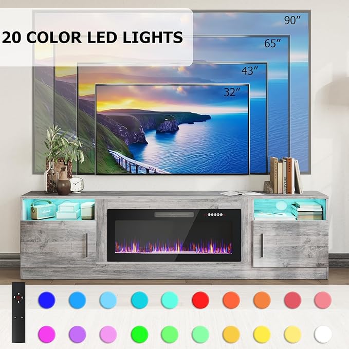 PRETZI Fireplace TV Stand with 36" Fireplace Up to 90" TVs, Remote Control