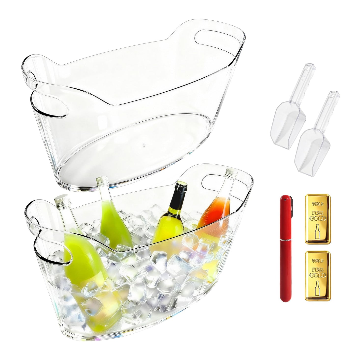 6.5L Large Ice Bucket for Parties, 2PCS Clear Acrylic Drink Buckets with Scoop & Metal Wine Bottle Opener, Champagne Bucket Tub for Wine, Beer, Cocktail Bar & Mimosa Bar Supplies Cooler