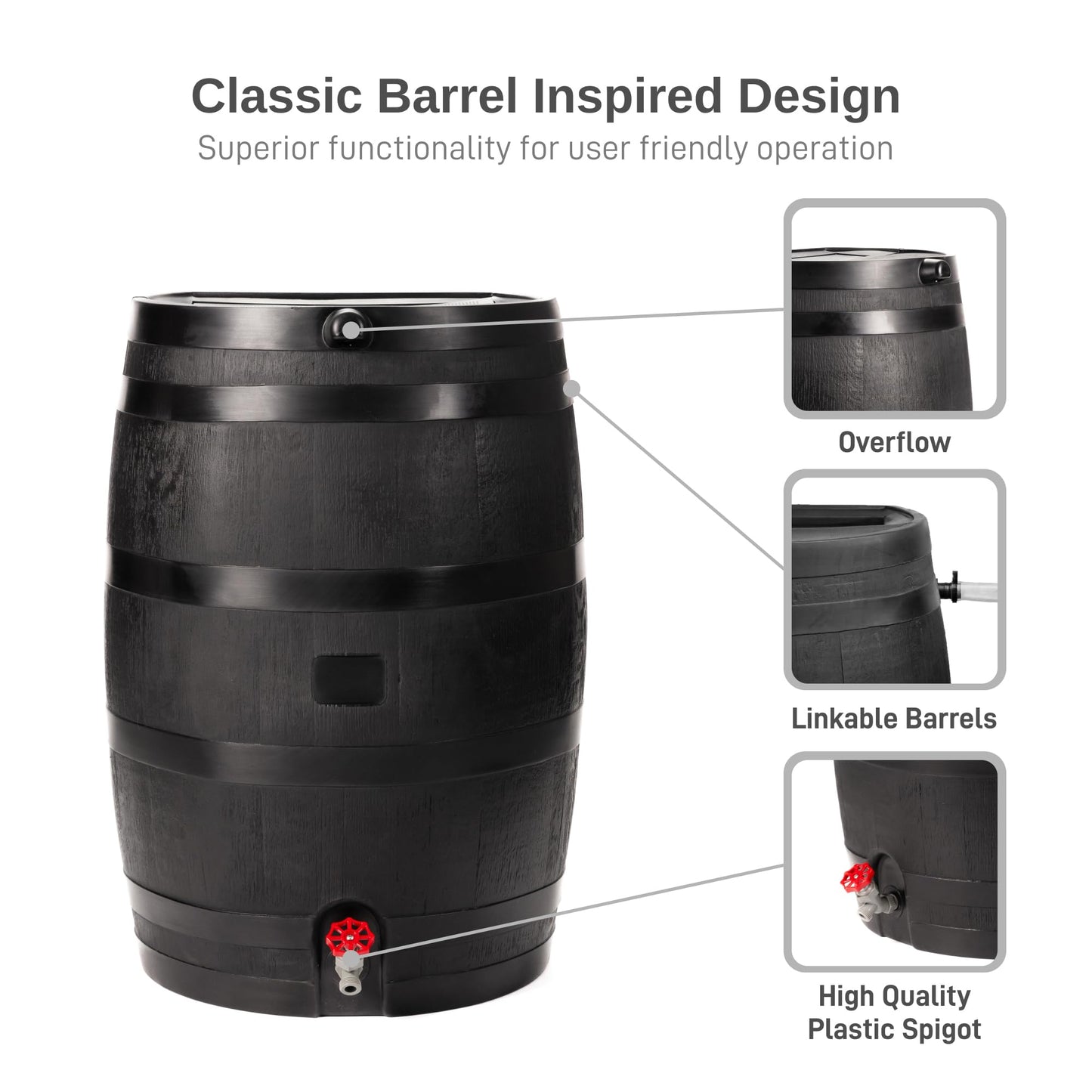 RTS Home Accents 50-Gallon ECO Rain Barrel Made with 100% Recycled Plastic, Flat Back Rain Water Collection Barrel, Black