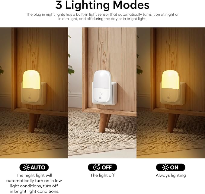 LED Night Light Plug into Wall, 4 Pack Dusk to Dawn Sensor Nightlight with Retractable Plug & 3 Adjustable Brightness, Dimmable 3000K Warm Lights for Adults Kids Bedroom Stair Hallway Kitchen