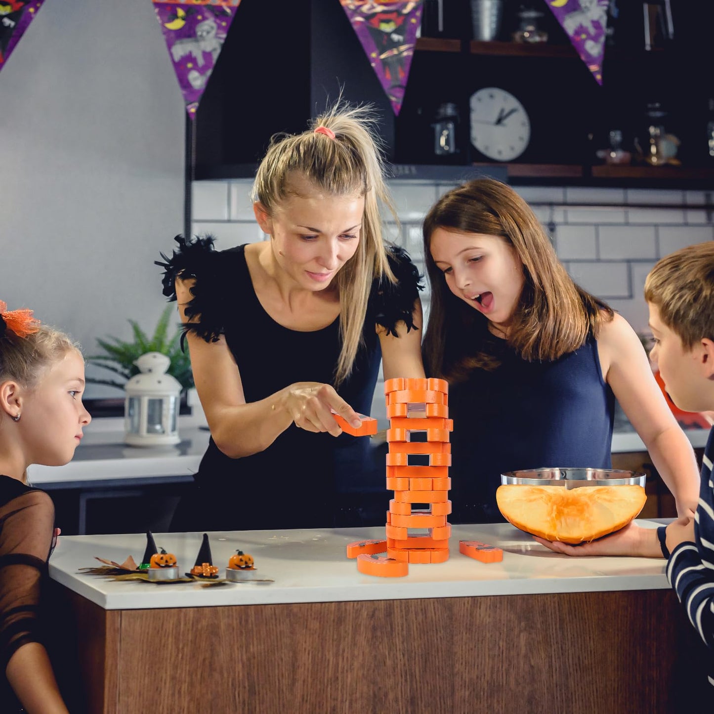COCHIE Halloween Game for Family Adults, Wooden J-O-Lantern Blocks Stacking Tower Games, Tumbling Tower Balancing Pumpkin Blocks Halloween Party Game Activities Gifts (Pumpkins)