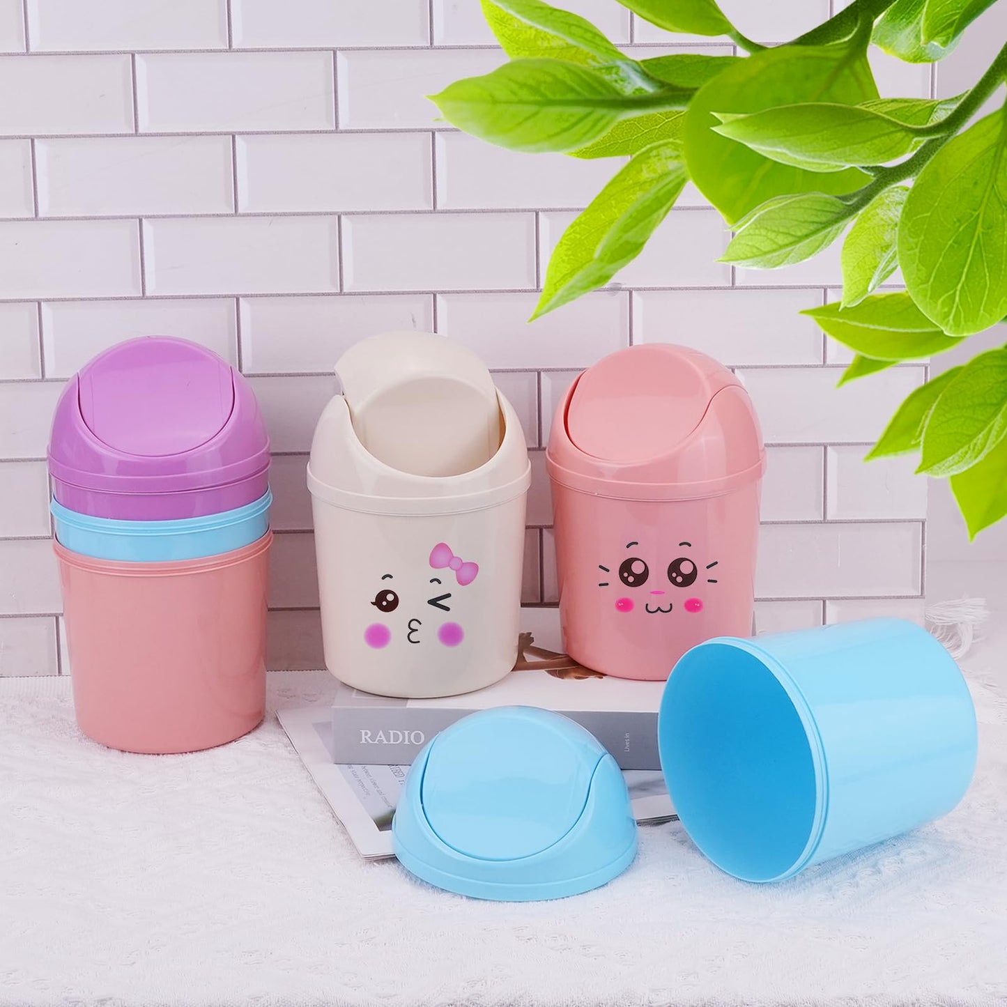 QLFJ-FurDec 4 Pcs Plastic Mini Trash Can with Swing Lid, Tiny Desktop Wastebasket Garbage Bin with 240 Trash Bags for Office, Kitchen, Vanity Tabletop, Bedroom, Bathroom