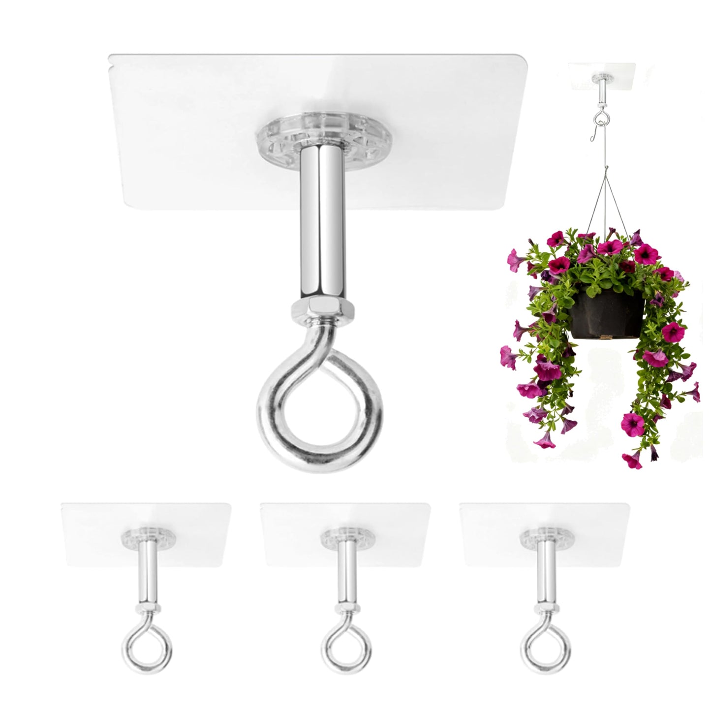 YANGYIXIN Heavy Duty Adhesive Ceiling Hooks, 4-Pack Ceiling Hooks for Hanging Plants – No-Drill 25lb Hold. Strong Adhesive Hooks Heavy Duty for Reliable Indoor or Outdoor Support.