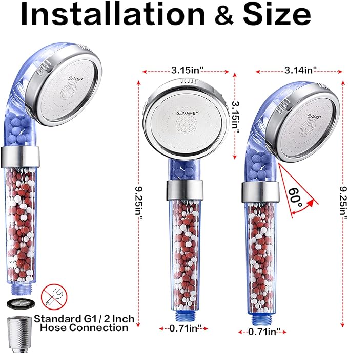 Nosame Shower Head with Hose and Bracket, Filter Filtration High Pressure Water Saving 3 Mode Function Spray Handheld Showerheads for Dry Skin & Hair