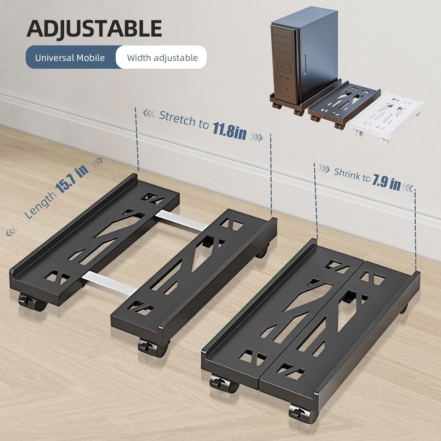 Adjustable Mobile CPU Stand, Ventilated Computer Tower Stand with 4 Caster Wheels Fits Most PC Tower, Under Desk CPU Holder PC Floor Cart Computer Riser for Gamers and Students (White)