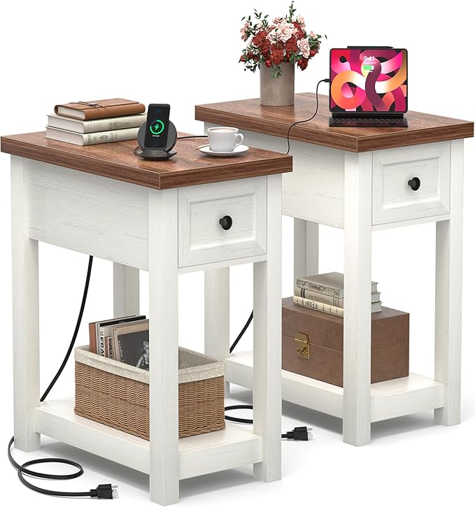 Narrow End Table Set of 2 with Charging Station