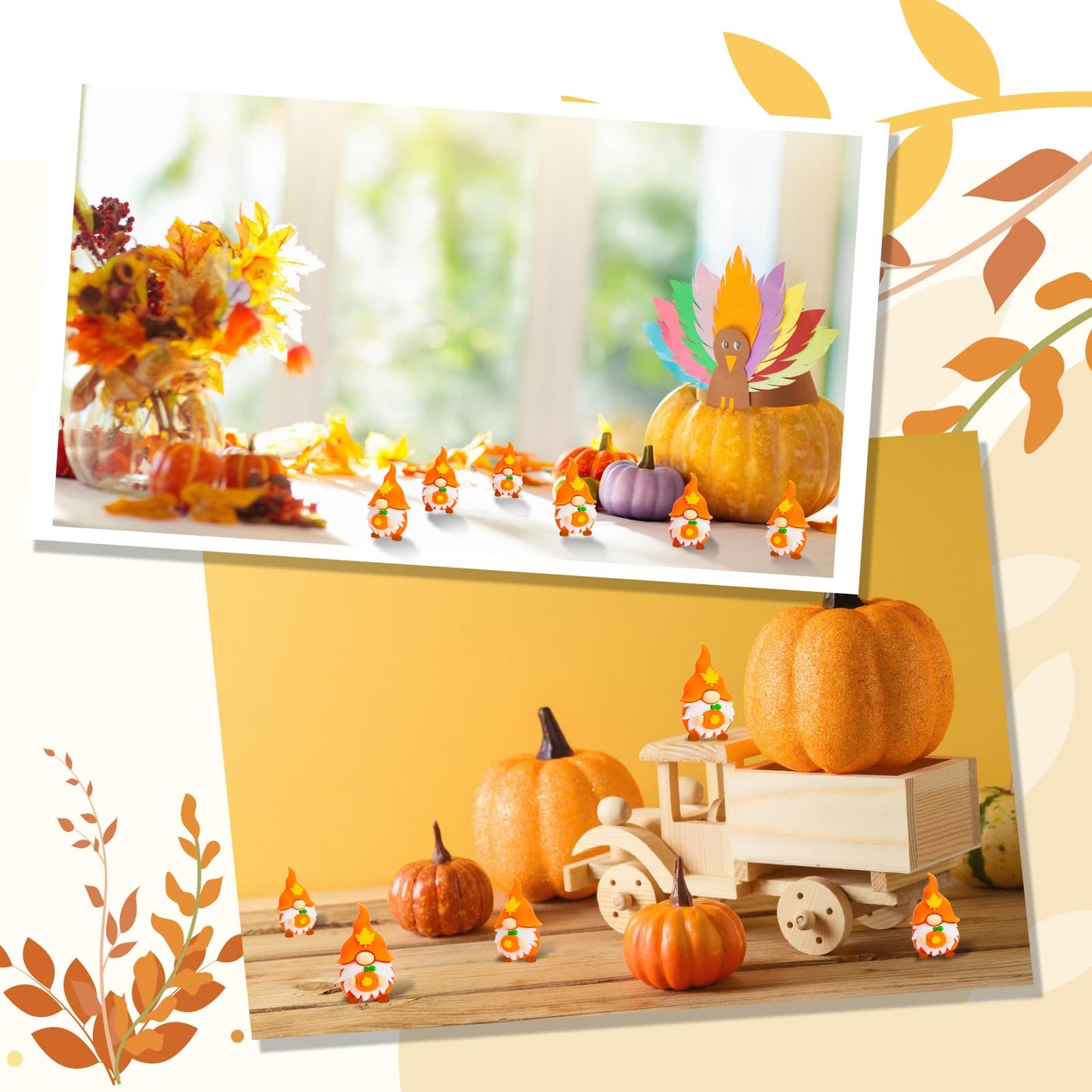 Whaline 50 Pcs Thanksgiving Mini Gnomes Figurines Fall Miniature Gnome Ornaments Pumpkin Maple Leaves Gnome Tiny Statue Figurine for Harvest Party Gifts Home Table Centerpieces Garden Landscape Decor