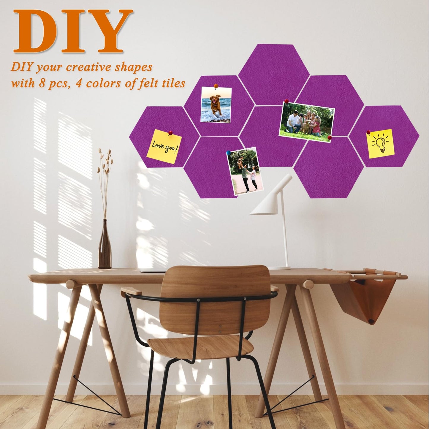 HULAVO 8 Pcs Hexagon Felt Cork Bulletin Board Tiles, Self Adhesive DIY Bulletin Board Pin Board for Office School Home Wall Decor Memos Photos Display(Light Purple)