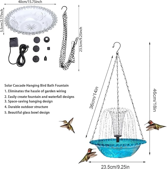 2026 Solar Cascade Hanging Bird Bath Fountain - 3 Layers Outdoor Water Feature for Hummingbirds, Easy-Clean 9.3" Glass Basin with Solar Powered Pump, Attract Wild Birds to Garden, Patio (Blue)