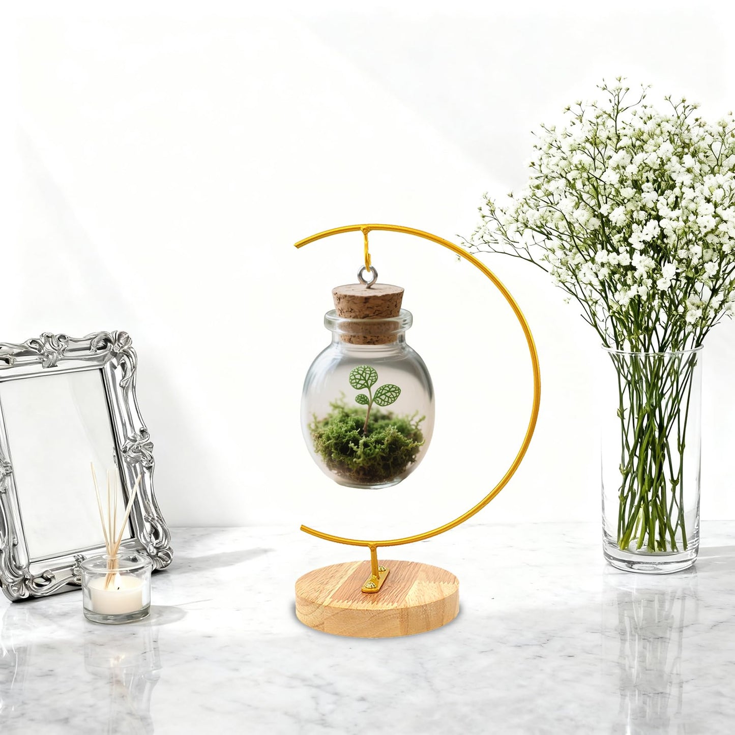 WAJJ Ornament Display Stand, 1 Pack Iron Hanging Stand Rack Holder for Hanging Glass Globe Air Plant Terrarium, Witch Ball and Home Wedding Decoration (Round Wood Gold)
